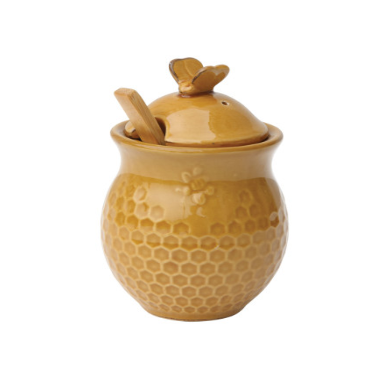 A stoneware honey jar with a yellow bee design, including a lid and a wooden honey dipper.
